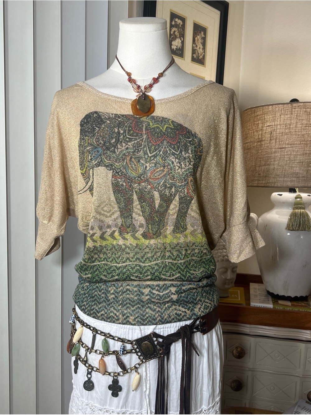 Vintage Lipstick Boho Metallic Gold Elephant Print Women’s Top
